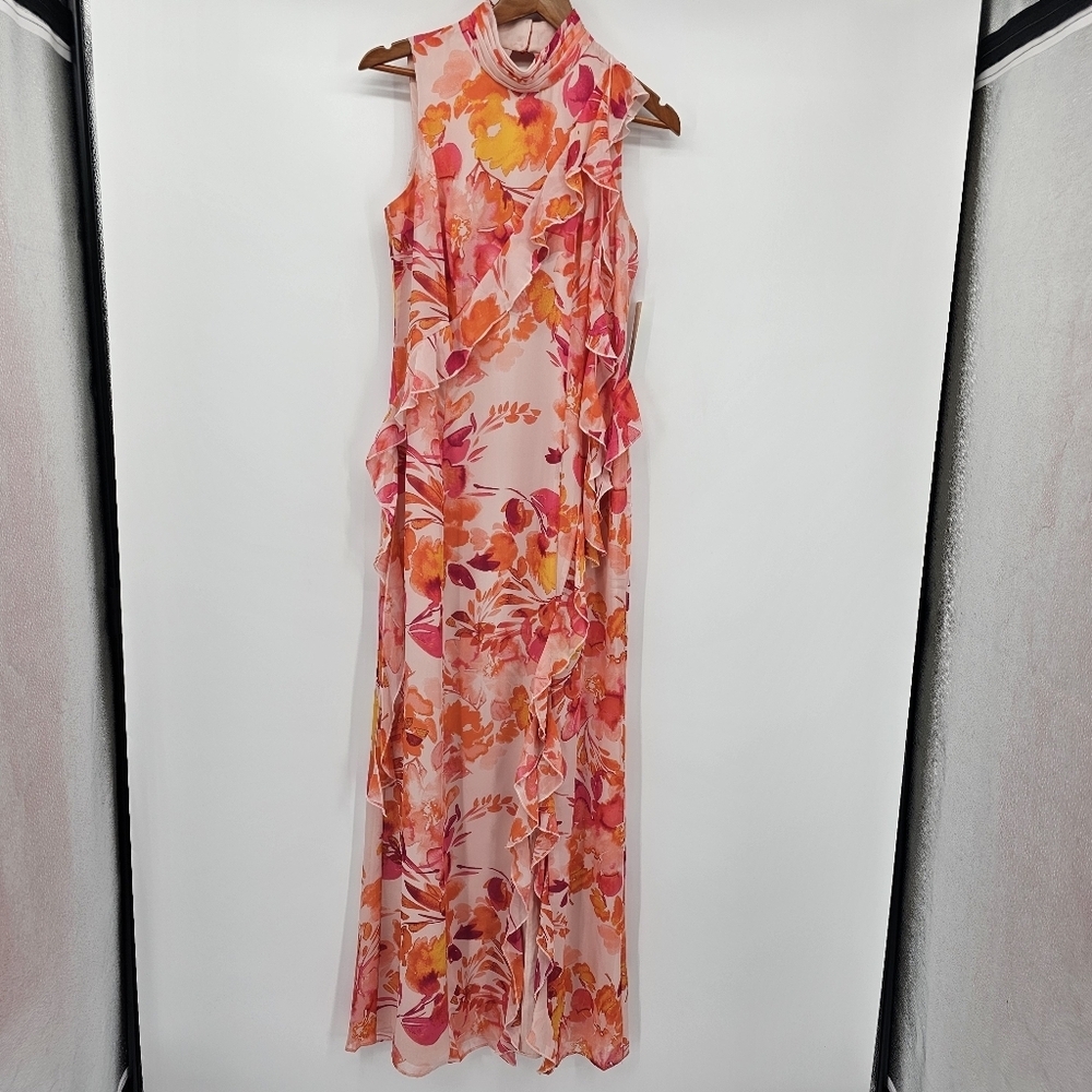 Eliza J Women's Printed Ruffle-Trim Floral Pink Orange Chiffon Dress Size 8 New